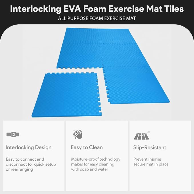 BalanceFrom Puzzle Exercise Mat 1" Thick, EVA Interlocking Foam Floor | Tiles for Home Gym, Mat for Home Workout Equipment, Floor Padding for Kids, Blue, 24 in x 24 in x 1 in, 72 Sq Ft - 18 Tiles