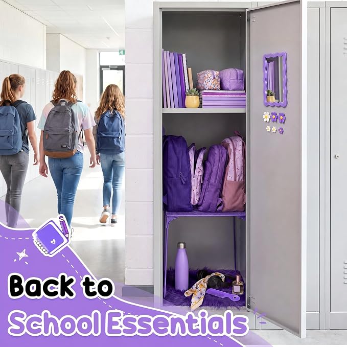 RattanView 10 Pcs Locker accessories Kit Magnetic Acrylic Mirror Plush Rug Small Comb 6 Flower Magnet Locker Organizer for Back to School Teen Student Girl Office Work Lockers Decoration Gift(Purple)