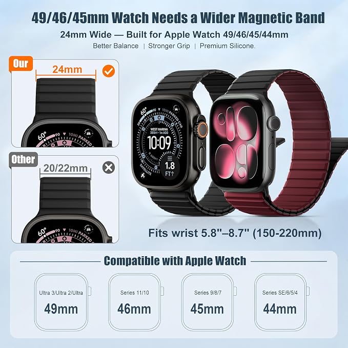 Magnetic Sport Silicone for Apple Watch Ultra 3 2 Band 49mm 46 45 44mm Men | Upgraded Magnet,Two-Tone Design,Waterproof,Soft Loop Strap for iWatch Ultra 3/2 Series 11 10 9 8 7 6 5 4 SE 46mm 45mm 44 49