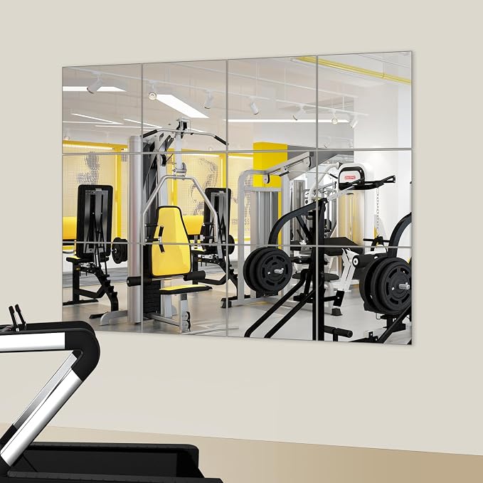 JAMBALAY Home Gym Mirrors for Gym, 12Pcs 12″×12″ Square HD Glass Full Length Wall Mirror Tiles, Self Adhesive Frameless Wall Mirror for Bedroom, Living Room, Over The Door