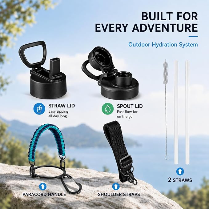 KXIAOCHEN Insulated Water Bottle with Strap, 48-Hour Cold, 2 Lids | Triple-wall insulation, lead-free 18/8 Stainless steel, paracord handle, carabiner clip, for gym, hiking, camping and travel