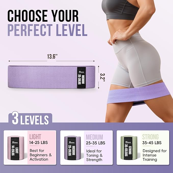 Fabric Resistance Band Set with Exercise Guide, 3 Levels for Hip and Glute | For women and men; 3 resistance levels with an exercise guide for legs, squats, yoga, fitness, and physical therapy