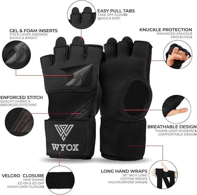 WYOX Neoprene Gel Boxing Hand Wraps Inner Gloves for Men & Women – 80cm/31in Quick Wrist Strap, Padded Knuckle Protection, Fingerless MMA Muay Thai Kickboxing Wraps for Training & Martial Arts