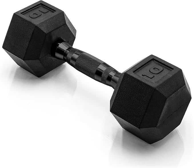 CAP Rubber Coated Dumbbell Weights, Free Weights for Home Gym Strength Training, Anti-Roll Hex Dumbbells with Black, Chrome & Comfort Grip Handles, Singles