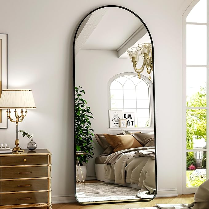 Arched Full Length Mirror 64"x21" with Round Corner Black | Standing Body Mirror with Aluminum Frame for Bedroom Cloakroom Living Room Make-up Gift