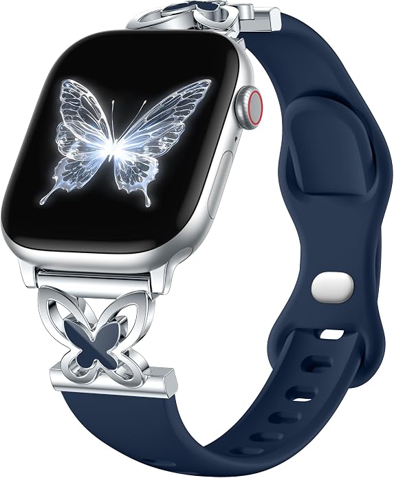 Lerobo Slim Silicone Band Compatible with Apple Watch Bands for Women | Dressy Metal Butterfly 16mm Thin Strap for iWatch Series 11 10 9 8 7 6 5 4 SE Ultra 38mm 40mm 41mm 42mm 44mm 45mm 46mm 49mm