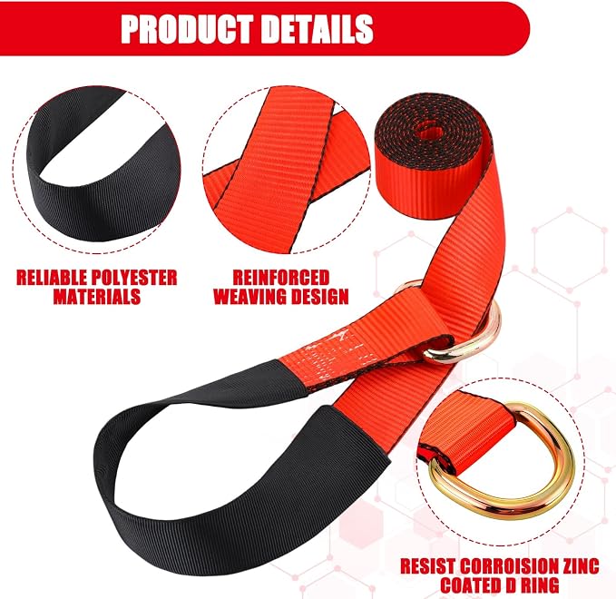 8 Pack 2" x 8ft Lasso Tow Truck Straps with D Ring 11, 000 Lbs Break Strength D Ring Auto Tie Down Wheel Lift Trailer Strap for Hauling Utv SUV Wrecker Rollback