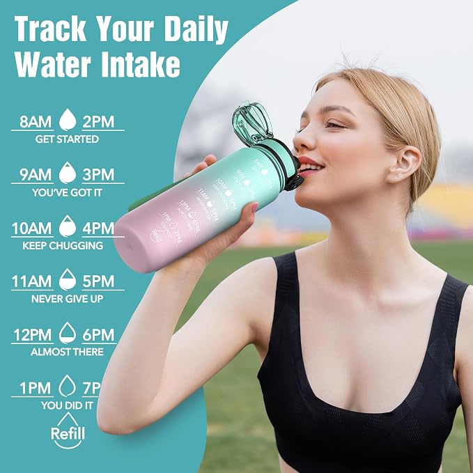 OLDLEY Water Bottle, 32oz Motivational Sports Water Bottle with Time Marker - Times to Drink - Tritan, BPA Free, Wide Mouth Leakproof,Bubble Gum