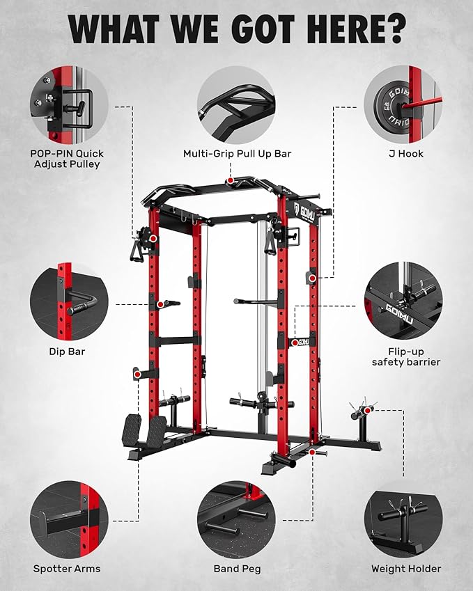 RH01 Power Cage Rack, 2000LBS Squat Rack with with Cable Crossover System&LAT Pull Down System, Multi-Function Workout Cage for Home&Garage Gym