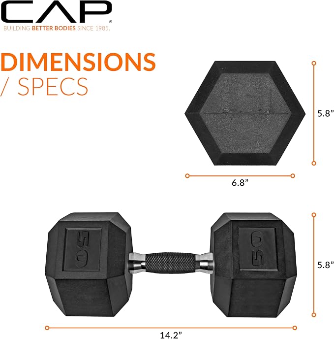 CAP Rubber Coated Dumbbell Weights, Free Weights for Home Gym Strength Training, Anti-Roll Hex Dumbbells with Black, Chrome & Comfort Grip Handles, Pairs & Sets