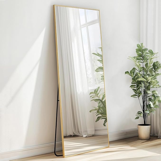Gold Floor Mirror 48x16 inch, Full Body Mirror, Metal Frame | Brushed Gold Metal Frame, No Distortion, Rust-proof, Floor Mirrors for Nursery, Baby Room, Entryway, Party, Dressing Room
