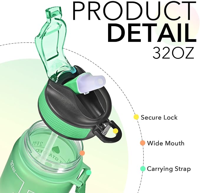 Hyeta Water Bottle with Straw & Time Marker, Plastic 32oz Leakproof | Motivational Tritan BPA Free Gym Office Outdoor Intake Tracker Hourly Reminder Straw Lid Carry Strap