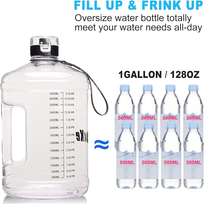 SLUXKE Gallon Big Water Bottle with Handle, 128oz Leakproof BPA Free Fitness Sports Water Bottle with Motivational Time Marker & Wide Mouth Ensure You Drink More Water