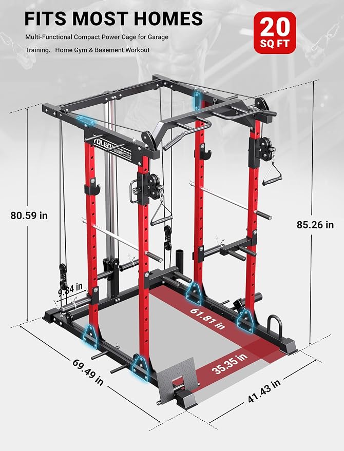 YOLEO Smooth Pulley System Power Cage, Adjustable Cable Crossover Power Rack, Multi-Functional Cable Machine for Home Gym