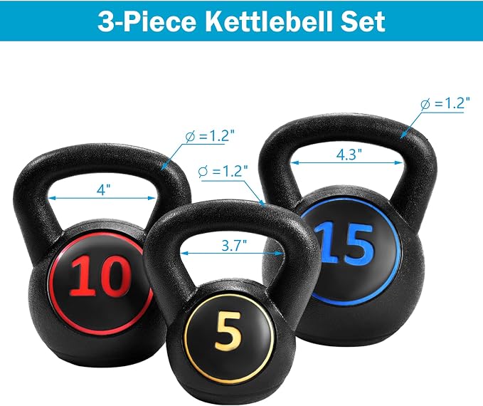 Goplus 3 Pieces Kettlebell Set, 5, 10, 15 lbs HDPE Coated Concrete Fitness Kettle Bells w/Easy Grip Wide Handle, Home Gym Exercise Weights HIIT Workout, Weightlifting, Strength Training, Conditioning