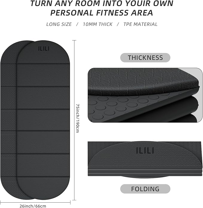ILILI Foldable Yoga Mat-Semicircular, 10mm Thick, TPE Material, Extra Long 75"L x 26"W, Soft and Comfortable Folding Oval Mat 0.4 Inches, Easy to Carry and Store, 190*66cm Portable Multi-Functional Use for Yoga, Home Exercise & Outdoor