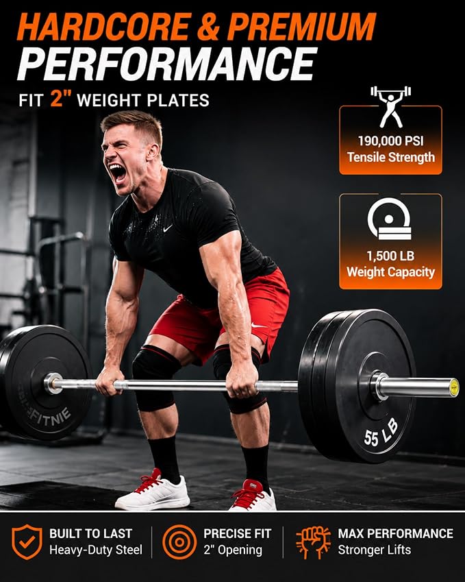 7ft Olympic Barbell 20kg/44Lbs, 1000LB/1500LB Weight Capacity, 190K PSI High Tensile Strength Weightlifting Bar with 2-Inch Sleeves & 8 Needle Bearings for Home Gym Strength Training