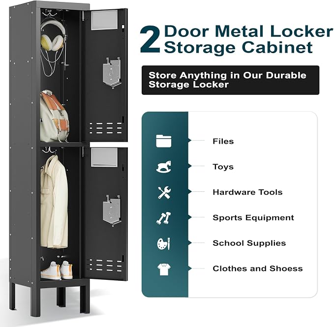 BUTISOW Metal Storage Locker with Lock & Card Slot Locker - Secure Lockable Door - Steel Locker for School, Office, Gym, Home - 66.15" H x 11.8" W x 11.8" D（2 Door, Black）