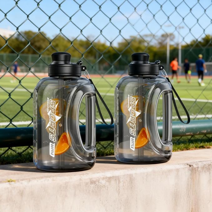 Doseno Big Water Bottle, 95 oz / 2.8 L Water Jug with Straw, 2 Pack, Black | Each plastic bottle has a measuring scale, leakproof lid, carry handle and shoulder strap for gym use and outdoor sports