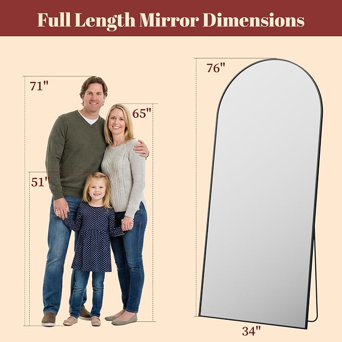 Suidia 76"x34" Arched Full Length Mirror with Stand, Full Body Mirror with Aluminum Frame, Freestanding/Leaning/Wall-Mounted, Floor Mirrors for Bedroom, Living Room, Entryway, Dressing Room, Black