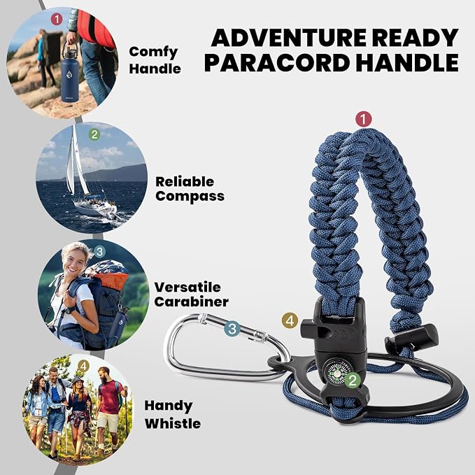 RAYMYLO Insulated Water Bottle 87 oz, Triple Wall Vacuum Stainless Steel | Cold for 48 Hrs), Leak Proof & Non-BPA, Modern Water Flask Jug with Paracord Handle & Straw Spout Lids, Navy Blue