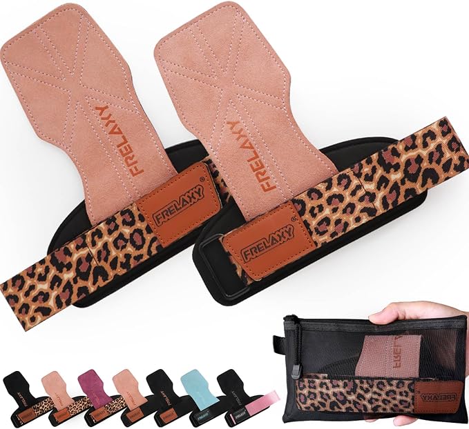 Frelaxy Lifting Wrist Straps for Women and Men, Weight Lifting Grips | Double-layer leather, Cushioned wrist support, Durable construction, Storage pouch, Deadlifts, rows, lat pulldowns