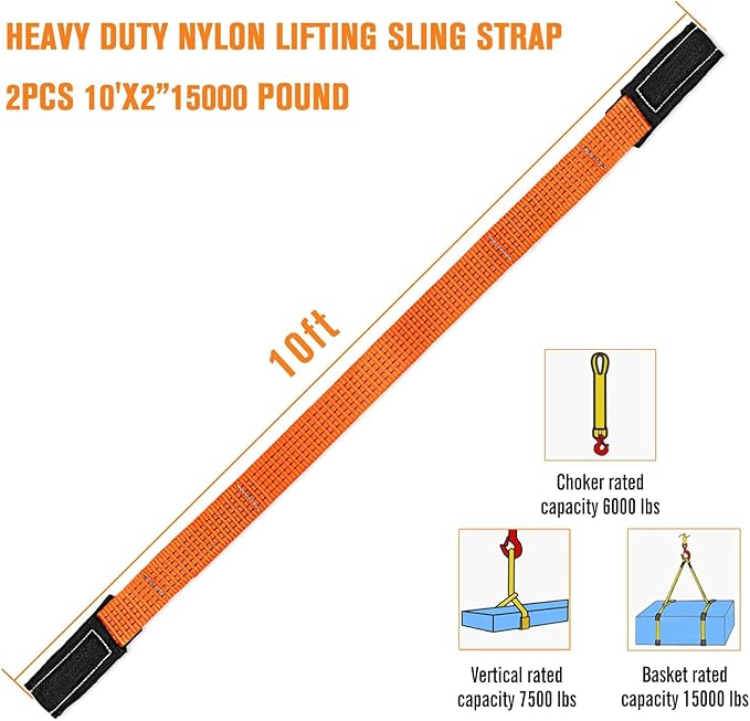 2 Pcs 2" x 10FT Heavy Duty Nylon Lifting Slings and Straps | 15000lb Capacity Flat Eye Rigging Strap for Hoist, Towing, Moving, Tree Saver Recovery and Winch