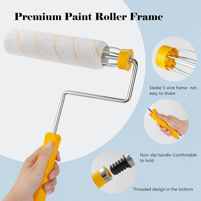 Mister Rui Paint Roller Kit, 10 Pack, 9 Inch Paint Roller Frame with Microfiber Roller Covers, Stainless Steel Extension Pole 3 Segments Total 3 Ft, Paint Supplies for Walls and Ceilings | Microfiber Paint Roller Covers, Frame, Stainless Steel Extensio...