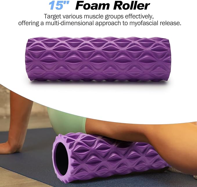 5 in 1 Foam Roller Set High Density Patented Foam Roller for Exercise | Foam Roller Massage Stick, Massage Ball, Resistance Band for Deep Muscle Massage Yoga Trigger Point Release Purple Diamond