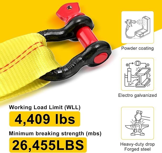 Pindex 2 Pack 2" x 20' Upgrade Web Lifting Sling & 1/2" D Ring Shackle 13000 Lbs Breaking Force 3500 Lbs Pulling Forces Lift Sling Straps for Rocks Trees Mowers Tool in Trailer Tractor Truck,Yellow