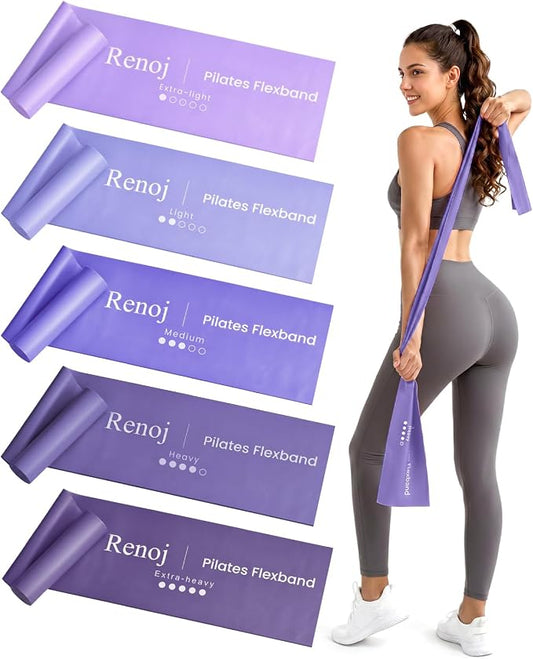 Renoj Pilates Flexbands, 5-Pack Latex-Free Resistance Bands Set – Exercise Bands for Pilates, Yoga, Stretching & Physical Therapy | Home Gym Equipment for Women & Men