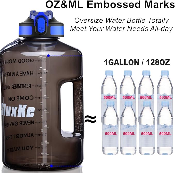SLUXKE 1 Gallon Motivational Sports Water Bottle with Time Marker, BPA Free 128oz Leak Proof Jug, Black, Plastic, 128 ounces, Fitness, Sports, Outdoor Activities