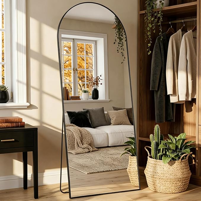 Full Length Mirror, 59"x18" Arched Full Body Mirror, Floor Mirrors with Stand, Body Mirrors Standing Hanging Leaning Against Wall,Aluminum Frame Mirrors for Bedroom Cloakroom,Living Room,Black