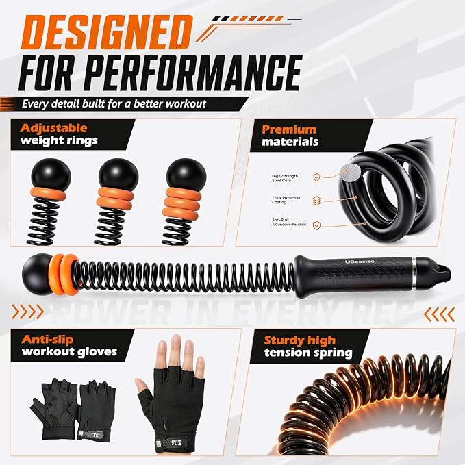 UBeesize Weighted Ropeless Battle Rope Fitness Kit with Gloves & Bag | Cordless Battle Ropes for Home Gym with Poster, 3 Adjustable Weight Rings, Portable Workout Equipment for Core Strength
