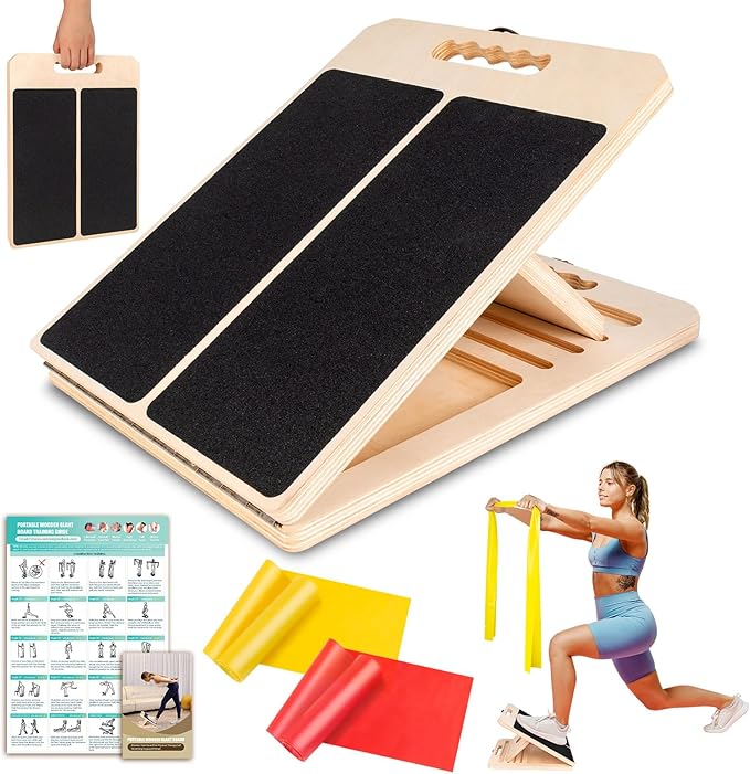 Wooden Slant Board for Calf Stretching, Portable Adjustable Calf Stretch Board with Training Poster & Resistance Bands, 300lb Weight Capacity Calf Ankle Achilles Physical Therapy Leg Exercisers