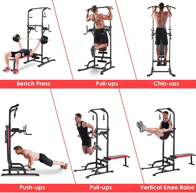 Multi-Function Power Tower with Folding Bench 4 Training Ropes | Pull Up Bar Stand with Adjustable Heights and Angles, Heavy-duty Frame, 400LBS Capacity, Home Gym Full-body Strength Training