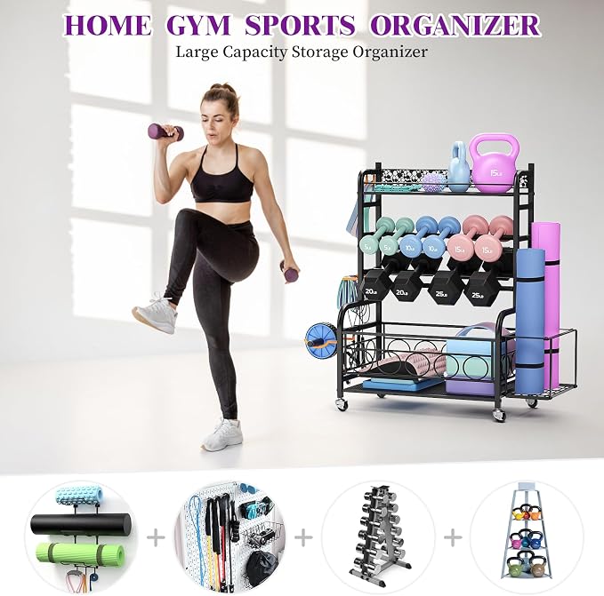 VOPEAK 3-Tier Dumbbell Rack with Wheels, Weight Rack for Home Gym Storage | Stores dumbbells, kettlebells & yoga mats. Lockable wheels for mobility. Sturdy steel frame, easy 15-min assembly