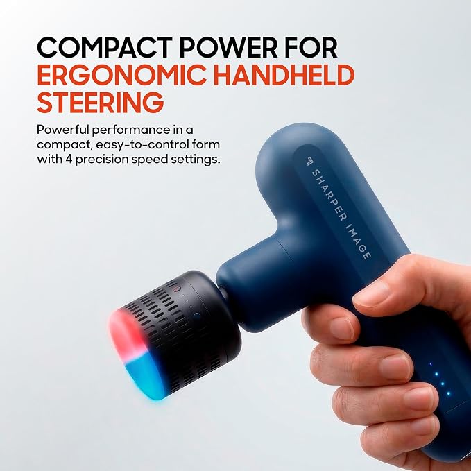 Sharper Image Deep Tissue Percussion Massage Gun, Powerboost Move Evo Hot & Cold Rechargeable Handheld Massager, 4 Adjustable Speeds, 5 Attachment Heads & Carrying Case, for Muscle Pain Relief, Blue