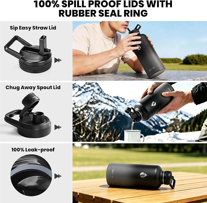 RAYMYLO Insulated Water Bottle 87 oz, Triple Wall Vacuum Stainless Steel | Cold for 48 Hrs), Leak Proof & Non-BPA, Modern Water Flask Jug with Paracord Handle & Straw Spout Lids, Dark Grey