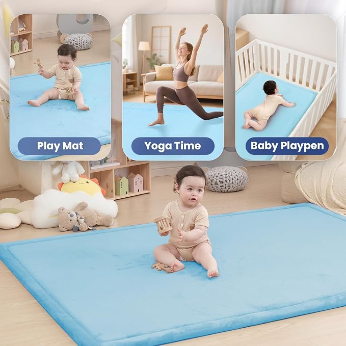 Baby Play Mat for Floor,1.3" Thick Memory Foam Tummy Time Mat,Soft Coral Velvet Nursery Rug,Extra Large Non Slip Crawling Mats for Living Room （Light Blue）