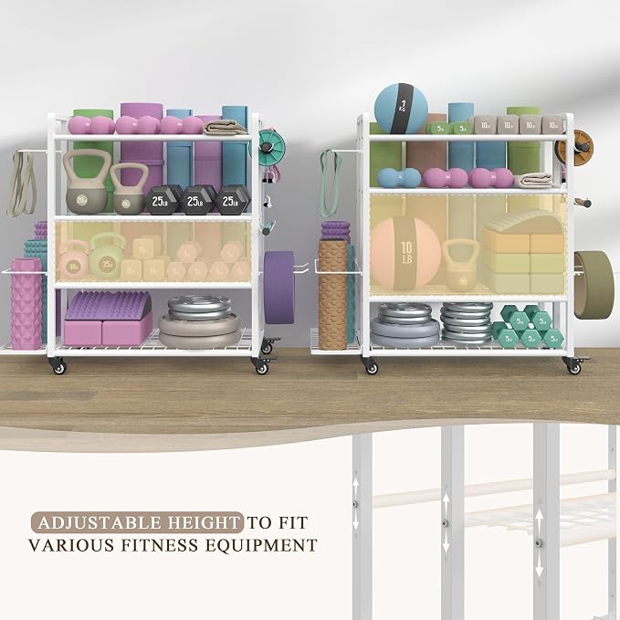 4-Tier Weight Rack for Home Gym with Wheels and Hooks | Adjustable Gym Storage Rack for Dumbbells Kettlebells Yoga Mat, All-in-One, Space Saving, Heavy Duty Steel, Easy to Assemble