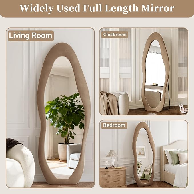 Full Length Mirror, 71"x30" Wavy Full Body Mirror Flannel | Flannel Floor Mirrors with Stand, Irregular Wavy Mirror Hanging or Leaning Against Wall for Bedroom Living Room, Brown