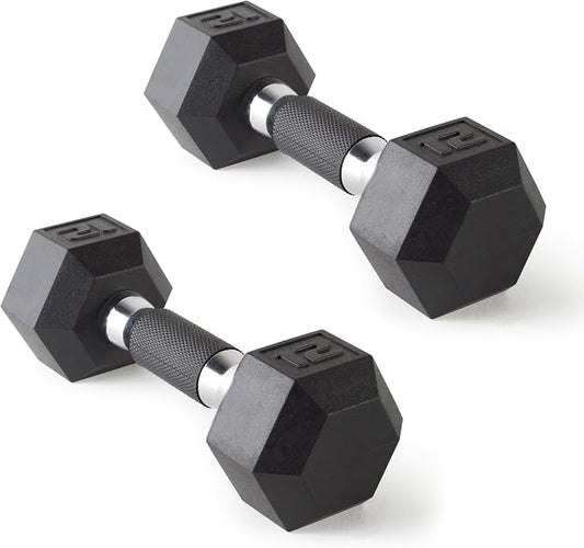 CAP Rubber Coated Dumbbell Weights, Free Weights for Home Gym Strength Training, Anti-Roll Hex Dumbbells with Black, Chrome & Comfort Grip Handles, Pairs & Sets