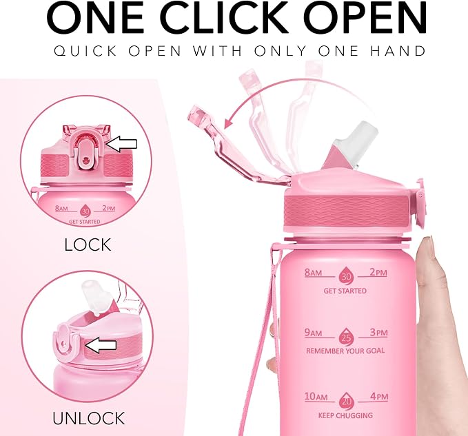 Hyeta Plastic Water Bottle With Straw & Time Marker, 32oz Leakproof Jug | Motivational Tritan BPA Free Gym Office Outdoor Intake Tracker Hourly Reminder Straw Lid Lightweight