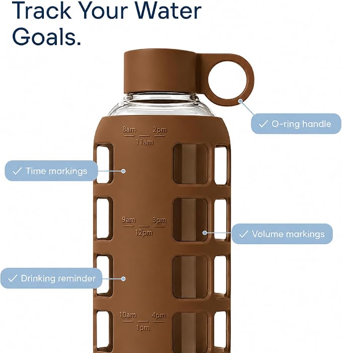 purifyou 40oz / 32oz / 22oz / 12oz Borosilicate Glass Water Bottle with Time & Volume Markers, Silicone Sleeve, Stainless Steel Lid | Reusable Glass Bottle for Water & Juice (22oz Earth Brown)