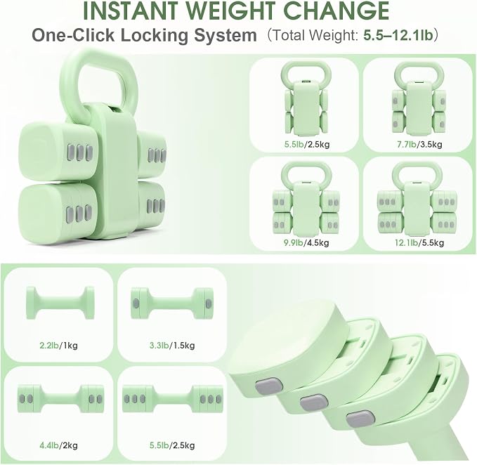 Adjustable 2-in-1 Convertible Kettlebell & Dumbbells Set, 4 in 1 Free Weights Dumbbell Set of 2, Each 2.2 3.3 4.4 5.5lb Quick Change Women Dumbbell Set for Home Exercise Training