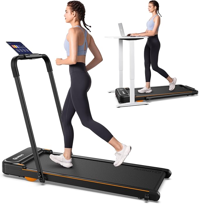 UREVO Strol 2E Smart 2-in-1 Folding Treadmill, Compact Walking Pad with Safety Handle, Plug and Play, Standing Desk Treadmill with Dual LED Display, Smart APP, Walking or Running for Home