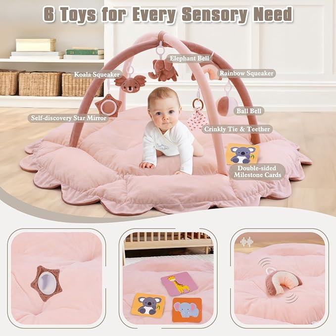 5-in-1 Plush Baby Play Gym, Activity Mat with Convertible Gym, Baby Gym 6 Sensory Toys, Play Center for Newborn to Toddler, Pink