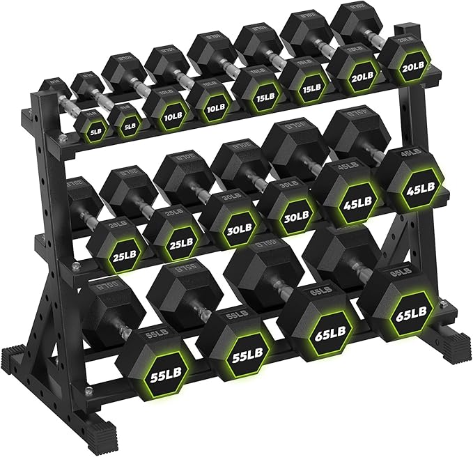 HANDBODE Dumbbell Set with Rack, Rubber Coated Fixed Dumbbells 390-790 lbs | Heavy Duty Hexagonal Weights, Non-Roll Hexagon Shape for Stability, Home Gym Strength Training Equipment