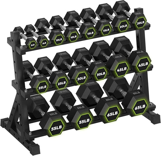 HANDBODE Dumbbell Set with Rack, Rubber Coated Fixed Dumbbells 390-790 lbs | Heavy Duty Hexagonal Weights, Non-Roll Hexagon Shape for Stability, Home Gym Strength Training Equipment